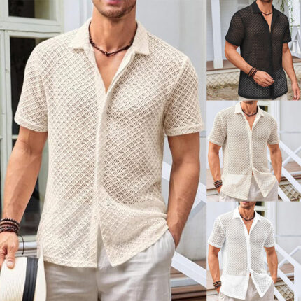 Men's Summer Mesh Lapel Shirt – Short Sleeve Beachwear Top