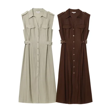 RAFZNB Women's Fashion Casual Long Dresses Summer Turn-down Collar Sleeveless Midi Dress Female Elegant Party Dresses