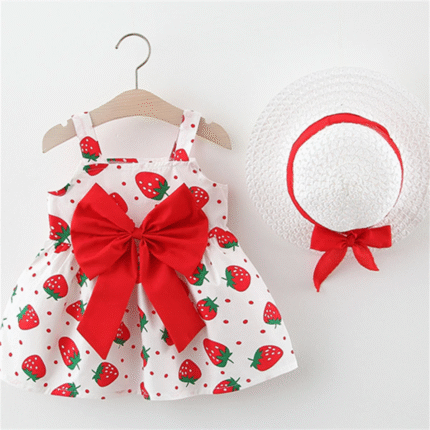 Strawberry Print Baby Girl Dress with Matching Hat